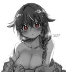  1girl :o areola_slip areolae bangs blush braid breasts crossed_bangs dated eyebrows_visible_through_hair hair_between_eyes hair_flaps hair_ornament hair_over_shoulder heart heart-shaped_pupils japanese_clothes jingei_(kancolle) kantai_collection kirisawa_juuzou large_breasts long_hair off_shoulder open_mouth red_eyes signature simple_background single_braid solo sweat symbol-shaped_pupils upper_body 