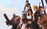  3boys 3girls aerith_gainsborough arm_cannon arm_tattoo barret_wallace black_hair blonde_hair brown_hair cloud_strife crop_top cropped_jacket dark_skin dark_skinned_male dress fighting_stance final_fantasy final_fantasy_vii final_fantasy_vii_remake highres jacket multiple_boys multiple_girls navel pink_dress red_jacket red_xiii serious shuriken skirt spiked_hair spykeee1945 staff stomach suspenders tattoo tifa_lockhart weapon yuffie_kisaragi 