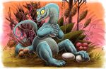  2018 5_fingers anthro berry claws detailed_background disney don_bluth egg excited female feral fingers food fruit fungus grin hi_res holding_egg holding_object joanna_the_goanna jwbalsley lizard long_neck long_tail monitor_lizard multicolored_body mushroom outside plant reptile scalie smile solo teeth the_rescuers_(disney) the_rescuers_down_under tongue tongue_out two_tone_body villainous 