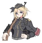  1girl armedshipyard battle_rifle belt black_headwear black_jacket blonde_hair blue_eyes braid breasts closed_mouth cross cross_earrings earrings eyebrows_visible_through_hair french_braid g43_(girls_frontline) girls_frontline gun hat holding holding_weapon jacket jacket_on_shoulders jewelry looking_at_viewer medium_breasts medium_hair military military_hat military_uniform rifle smile solo uniform weapon white_background 