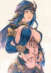  1girl arabian_clothes au_ra bangs belly_chain blue_eyes blue_hair breasts commission detached_sleeves dragon_horns emain_(honkittyhonk) final_fantasy final_fantasy_xiv hat heart heart_hands highres horns jewelry large_breasts long_hair multiple_rings scales simon_jude solo 