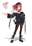  1girl :o ahoge beret candy chovy_(arina0908) food girls_frontline hat highres lollipop mp7_(girls_frontline) off_shoulder pleated_skirt red_hair short_hair skirt solo yellow_eyes 