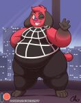  animal_crossing anthro canid canine canis cherry_(animal_crossing) city cityscape clothed clothing domestic_dog ear_piercing female flabby_arms flabby_legs fur gloves_(marking) green_eyes hair mammal markings morbidly_obese multicolored_body multicolored_fur nekocrispy nintendo obese one_eye_closed overweight overweight_anthro overweight_female patreon patreon_logo piercing signature smile solo text url video_games 