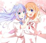  2girls ;d bangs blue_eyes blue_hair blue_ribbon bow brown_hair commentary_request dress eyebrows_visible_through_hair floating_hair flower gochuumon_wa_usagi_desu_ka? hair_between_eyes hair_bow hair_ornament highres hoto_cocoa kafuu_chino kousaka_nobaku long_hair matching_outfit multiple_girls neck_ribbon one_eye_closed open_mouth outstretched_arms petals pink_flower purple_eyes red_ribbon ribbon sailor_collar sailor_dress smile tree_branch two_side_up v very_long_hair white_bow white_dress white_sailor_collar x_hair_ornament 