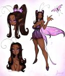  1girl absurdres antennae artist_name bare_arms bare_legs bare_shoulders brown_hair bug butterfly butterfly_wings choker commentary dark_skin dark_skinned_female dress english_commentary eyeshadow fairy highres insect lips long_hair looking_at_viewer makeup matilda_fiship multiple_views one_eye_closed original parted_lips pink_eyes pointy_ears sidelocks simple_background twintails white_background wings 