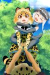  2girls animal_ears animal_print bangs black_hair blonde_hair bow bowtie carrying cat_girl colored_inner_hair day elbow_gloves extra_ears eyebrows_visible_through_hair from_below fur_collar fuzimiinuyamada gloves grabbing grey_hair highres hug hug_from_behind jaguar_(kemono_friends) jaguar_ears jaguar_girl jaguar_print jaguar_tail kemono_friends leaning_to_the_side looking_at_another medium_hair multicolored_hair multiple_girls open_mouth orange_eyes otter_ears otter_girl otter_tail outdoors outstretched_arms pantyhose piggyback potato print_gloves print_legwear print_skirt pulling shiny shiny_hair shirt short_sleeves silver_hair skirt small-clawed_otter_(kemono_friends) smile standing tail two-tone_hair upper_teeth wrist_grab 