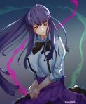  1girl aona_(kuuga19yuu) asagami_fujino bangs black_bow blue_hair bow breasts collared_shirt dress_shirt highres kara_no_kyoukai large_breasts long_hair long_sleeves looking_at_viewer ponytail purple_skirt red_eyes shirt sidelocks skirt white_shirt 