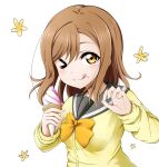  &gt;_o 1girl ;q bangs black_sailor_collar blush bow breasts brown_eyes brown_hair cardigan closed_mouth eyebrows_behind_hair food food_on_face hair_between_eyes highres holding holding_food ice_cream ice_cream_cone kuena kunikida_hanamaru long_hair long_sleeves looking_at_viewer love_live! love_live!_sunshine!! one_eye_closed orange_bow sailor_collar school_uniform serafuku simple_background small_breasts smile soft_serve solo tongue tongue_out upper_body white_background yellow_cardigan 
