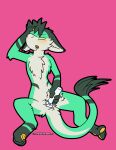  2021 absurd_res anthro blush eunuch eyes_closed featureless_crotch ferrin fur green_body green_fur hand_on_head hi_res immelmann looking_pleasured lying male nude nullo on_back on_bottom pawpads pink_background sex_toy simple_background solo text url vibrator yellow_pawpads 