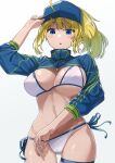  1girl ahoge artoria_pendragon_(all) baseball_cap bikini blonde_hair blue_eyes breasts cowboy_shot eyebrows_visible_through_hair fate/grand_order fate_(series) hat highres large_breasts looking_at_viewer mysterious_heroine_xx_(fate) noeru ponytail shrug_(clothing) simple_background solo standing swimsuit thigh_strap white_background 