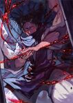  1boy baggy_pants bangs black_hair blood blood_on_face choso_(jujutsu_kaisen) closed_mouth dutch_angle feet_out_of_frame glowing glowing_eyes glowing_tattoo half-closed_eyes hands_together highres incoming_attack japanese_clothes jujutsu_kaisen kimono looking_at_viewer male_focus pants red_eyes rumie sash scarf serious solo standing swept_bangs tattoo twintails white_kimono wide_sleeves 