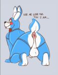  anthro anus backsack balls blue_body buckteeth butt dialogue five_nights_at_freddy&#039;s five_nights_at_freddy&#039;s_2 genitals green_eyes grey_background hi_res lagomorph leporid looking_back male mammal multicolored_body presenting presenting_anus presenting_hindquarters rabbit rdafterdark scut_tail simple_background solo teeth text toy_bonnie_(fnaf) video_games white_body white_sclerea 