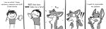  brush canid canine canis comic dialogue easel english_text fox fur holding_object humor hybrid mammal monochrome paintbrush text wolf zenonclaw 