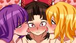  3girls bangs benikurage_(cookie) blonde_hair blunt_bangs blush bow bright_pupils brown_hair cheek_licking commentary_request cookie_(touhou) eyebrows_visible_through_hair face_licking frilled_bow frilled_hair_tubes frills green_eyes hair_between_eyes hair_bow hair_tubes hakurei_reimu heart highres kirisame_marisa licking long_hair looking_at_another looking_at_viewer mars_(cookie) medium_hair multiple_girls nose_blush open_mouth paburisiyasu parted_bangs patchouli_knowledge purple_eyes purple_hair red_bow red_eyes shiny shiny_hair sweat taisa_(cookie) tongue tongue_out upper_body white_pupils yuri 