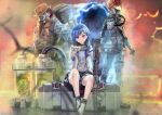  1boy 2girls 54cr apex_legends bangs black_eyes black_skirt blue_hair brown_hair caustic_(apex_legends) dolphin_hair_ornament gas_mask grey_hoodie gun hair_ornament hat highres holding holding_gun holding_mask holding_weapon hood hoodie horizon_(apex_legends) interlacing long_sleeves mask multiple_girls nijisanji nishizono_chigusa official_alternate_costume open_clothes open_hoodie pleated_skirt rebreather red_eyes red_hair short_hair sitting skirt smile virtual_youtuber weapon 