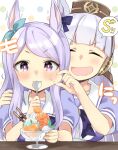  2girls :d ^^^ ^_^ animal_ears bangs blue_bow blue_ribbon blue_shirt blush bow brown_headwear cheek_pull closed_eyes collarbone commentary_request ear_covers ear_ribbon eyebrows_visible_through_hair facing_viewer food gold_ship hair_bow hat heart highres hizuki_yayoi holding holding_spoon horse_ears ice_cream long_hair looking_at_viewer mejiro_mcqueen mini_hat multiple_girls open_mouth pocky puffy_short_sleeves puffy_sleeves purple_eyes purple_hair ribbon school_uniform shirt short_sleeves silver_hair smile spoon sweat tracen_school_uniform umamusume upper_body v-shaped_eyebrows very_long_hair 
