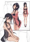  1girl adjusting_hair admiral_(kancolle) babydoll black_babydoll black_bra black_hair black_panties bra breasts cardigan choker hair_over_one_eye hayashimo_(kancolle) highres kantai_collection lingerie long_hair medium_breasts multiple_views navel open_cardigan open_clothes panties sitting standing underwear work_in_progress yukiguni_yuu 