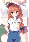  3girls bangs baseball_cap black_shorts blue_bow blue_shorts blush bow braid breasts brown_hair chieru_(princess_connect!) chloe_(princess_connect!) closed_mouth clothes_around_waist commentary_request eyebrows_visible_through_hair green_jacket gym_shirt gym_uniform hair_between_eyes hair_bow hand_on_hip hand_up hat jacket jacket_around_waist long_hair mauve medium_breasts midriff multiple_girls navel open_clothes open_jacket pink_jacket plaid plaid_bow princess_connect! princess_connect!_re:dive puffy_short_sleeves puffy_sleeves purple_eyes red_shorts shirt short_shorts short_sleeves shorts simple_background smile solo_focus tied_shirt twin_braids twintails very_long_hair white_background white_headwear white_shirt yuni_(princess_connect!) 