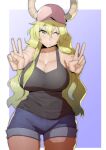  1girl absurdres bare_shoulders baseball_cap blonde_hair breasts cleavage collarbone curvy denim denim_shorts double_v doublehero dragon_girl dragon_horns green_eyes hat highres horns kobayashi-san_chi_no_maidragon large_breasts long_hair looking_at_viewer one_eye_closed quetzalcoatl_(maidragon) short_shorts shorts sleeveless smile tank_top thick_thighs thighs v wide_hips 