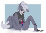  2018 anthro barley_(elijah-draws) blep blue_background blush border bottomless canid canine canis cheek_tuft clothed clothing conditional_dnp domestic_dog elijah-draws facial_tuft female food fur genitals grey_body grey_fur mammal masturbation panties panties_around_one_leg popsicle pussy shirt simple_background sitting solo t-shirt tongue tongue_out topwear tuft underwear underwear_around_one_leg vaginal vaginal_masturbation white_border 