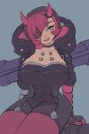  1girl absurdres apex_legends backpack bag black_bodysuit black_gloves black_headwear black_jacket blue_background blue_eyes bodysuit breasts cleavage cyber_punked_wattson eyepatch fingerless_gloves gloves highres hood hooded_jacket horns jacket kabiyapyo large_breasts looking_to_the_side mechanical_arms one_eye_covered parted_lips pink_hair seiza single_mechanical_arm sitting solo wattson_(apex_legends) 
