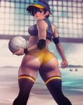  1girl alternate_costume armband ass ball beach beach_volleyball black_legwear blue_headwear blush breasts brown_eyes brown_hair commentary duplicate elbow_pads english_commentary exmile from_behind hat highres holding holding_ball kasugano_sakura looking_back medium_breasts ocean short_hair signature single_elbow_pad solo_focus sports_bikini sportswear street_fighter thick_thighs thighhighs thighs turning_head visor_cap volleyball volleyball_net wristband 