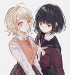  2girls :o ahoge akamatsu_kaede alternate_eye_color alternate_hair_length alternate_hairstyle bangs black_hair black_sailor_collar blonde_hair blunt_bangs blush bob_cut breasts brown_skirt collarbone collared_shirt danganronpa_(series) danganronpa_v3:_killing_harmony expressionless eyebrows_visible_through_hair hair_ornament hairclip harukawa_maki highres long_sleeves looking_at_viewer medium_breasts mole mole_under_eye multiple_girls musical_note musical_note_hair_ornament necktie nokoru_sora open_mouth pink_vest pleated_skirt red_eyes sailor_collar school_uniform shirt short_hair simple_background skirt smile sweater_vest symbol_commentary upper_body vest white_shirt 