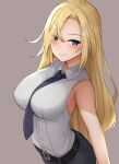  1girl bangs bare_shoulders belt belt_buckle between_breasts black_belt black_neckwear black_skirt blonde_hair blue_eyes blush breasts buckle closed_mouth collared_shirt commentary_request eyebrows_visible_through_hair eyes_visible_through_hair grey_background hair_over_one_eye highres hornet_(kancolle) kantai_collection large_breasts long_hair mizushina_minato necktie necktie_between_breasts parted_bangs shirt simple_background skirt sleeveless sleeveless_shirt smile solo very_long_hair white_shirt 