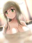  1girl arisu_kazumi artist_name bathing blurry blurry_background blush breasts brown_hair collarbone commentary_request completely_nude depth_of_field dutch_angle eyebrows_visible_through_hair fang fang_out green_eyes inuyama_aoi large_breasts long_hair looking_to_the_side nipples nude onsen partially_submerged skin_fang smile solo thick_eyebrows upper_body wet wet_hair yurucamp 