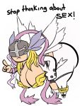  angel angewomon angry armwear blonde_hair bodysuit boots bow_(weapon) breasts cheese_cake cleavage clothed clothing digimon digimon_(species) elbow_gloves english_text female footwear gloves hair handwear humanoid mask meme raised_finger ranged_weapon simple_background skinsuit solo stop_thinking_about_sex text tight_clothing weapon wings zipper 