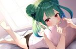  ass barefoot bed blush green_hair hololive panties saki_(saki_paint) underwear uruha_rushia 