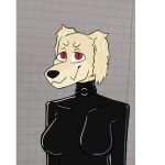  absurd_res anthro breasts canid canine clothing collar female hi_res mammal normalordinaryperson rubber rubber_suit smile smirk solo 