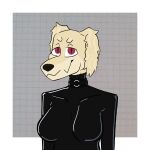  absurd_res anthro canid canine clothing collar demon female fur hi_res mammal normalordinaryperson red_eyes rubber rubber_suit smile smirk solo tan_body tan_fur 
