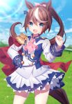  1girl :d absurdres animal_ears ascot bangs blue_eyes blue_sky blurry blurry_background brown_hair cloud day depth_of_field epaulettes eyebrows_visible_through_hair hair_between_eyes hair_ribbon hand_on_hip hand_up high_ponytail highres horse_ears horse_girl horse_tail jacket looking_at_viewer multicolored_hair open_mouth outdoors pink_neckwear pink_ribbon pleated_skirt ponytail ribbon sapphire_(sapphire25252) single_epaulette skirt sky smile solo streaked_hair tail tokai_teio umamusume white_hair white_jacket white_skirt 