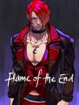  1boy arms_at_sides black_choker choker collarbone hair_over_one_eye highres jacket jewelry looking_at_viewer male_cleavage male_focus necklace pants pectorals red_eyes red_hair shirt short_hair simple_background solo standing syachiiro the_king_of_fighters the_king_of_fighters_&#039;95 the_king_of_fighters_xv yagami_iori 