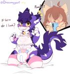  anthro blush brown_body brown_fur brown_hair clothing collar diaper dragon dreamyart duo fur girly hair hi_res kemono kneeling koruko legwear looking_at_viewer male mammal phone_call purple_hair short_hair simple_background thigh_highs unknown_species yellow_eyes 