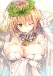  1girl absurdres ahoge bangs blonde_hair breasts chain detached_collar detached_sleeves eyebrows_visible_through_hair fal_maro fate/extra fate/extra_ccc fate/grand_order fate_(series) green_eyes highres juliet_sleeves large_breasts licking_lips long_sleeves looking_at_viewer nero_claudius_(bride)_(fate) nero_claudius_(fate)_(all) one_eye_closed petals puffy_sleeves scan solo tongue tongue_out veil white_sleeves wreath 