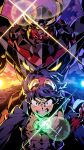  1boy babamba bandages black_jacket blue_eyes blue_hair clenched_teeth drill glowing glowing_eyes goggles goggles_on_head gurren-lagann highres jacket jewelry looking_down male_focus mecha necklace science_fiction shiny shirtless simon_(ttgl) super_robot teeth tengen_toppa_gurren_lagann v-shaped_eyebrows yellow_eyes 