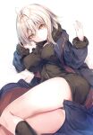  1girl absurdres ahoge alternate_costume ass bangs black_panties breasts fal_maro fate/grand_order fate_(series) highres jacket jeanne_d&#039;arc_(alter)_(fate) jeanne_d&#039;arc_(fate)_(all) looking_at_viewer lying medium_breasts panties pantyshot short_hair silver_hair simple_background solo thighhighs underwear white_background wicked_dragon_witch_ver._shinjuku_1999 yellow_eyes 