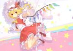  1girl 6u_(eternal_land) :d absurdres ascot blonde_hair bloomers crease flandre_scarlet gloves hat heart heart_hands highres looking_at_viewer mary_janes mob_cap open_mouth orange_eyes ribbon scan scan_artifacts shoes side_ponytail smile solo touhou underwear white_gloves wind 