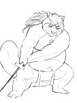  2021 anthro asian_clothing belly canid canine clothing east_asian_clothing fundoshi gyobu hi_res hysk japanese_clothing kemono male mammal navel overweight overweight_male raccoon_dog scar simple_background solo tanuki tokyo_afterschool_summoners underwear video_games weapon white_background 