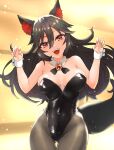  1girl animal_ears black_leotard breasts brooch brown_hair cleavage collarbone covered_navel fang groin highres imaizumi_kagerou jewelry ke-su large_breasts leotard long_hair open_mouth pantyhose playboy_bunny red_eyes solo tail thigh_gap touhou wolf_ears wolf_tail wrist_cuffs 