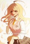  1girl ahoge akamatsu_kaede bangs beamed_sixteenth_notes blonde_hair blush breasts criis-chan danganronpa_(series) danganronpa_v3:_killing_harmony eighth_note hair_ornament holding_hands large_breasts long_hair long_sleeves looking_at_viewer musical_note musical_note_hair_ornament necktie open_mouth orange_neckwear paper pleated_skirt quarter_note shirt sixteenth_note skirt smile solo_focus striped sweater_vest symbol_commentary twitter_username upper_teeth white_shirt 