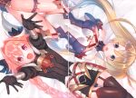  1boy 1girl absurdres astolfo_(fate) bangs bare_shoulders black_bow black_legwear black_skirt blonde_hair blue_eyes blush bow bowtie bradamante_(fate) braid breasts cleavage covered_navel crease elbow_gloves fate/grand_order fate_(series) french_braid from_above gloves hair_between_eyes hair_intakes highleg highleg_leotard highres leotard long_hair looking_at_viewer multicolored_hair open_mouth otoko_no_ko pink_hair purple_eyes scan scan_artifacts short_hair single_braid skirt smile streaked_hair suzuho_hotaru thighhighs thighs twintails underwear very_long_hair 