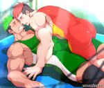  2boys abs ass bara black_hair boy_on_top bulge bulge_press covered_abs covered_nipples dark_persona dark_skin dark_skinned_male eye_contact facial_hair feet_out_of_frame goatee green_hair highres horns imminent_kiss kuro_(shiranui) large_pectorals leg_between_thighs looking_at_another male_cleavage male_focus multicolored_hair multiple_boys muscular muscular_male navel nipples on_person red_hair short_hair sideburns sidepec stomach taurus_mask thick_thighs thighs tokyo_houkago_summoners two-tone_hair wrestling_outfit wrestling_ring yaoi 