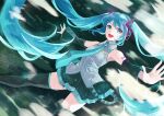  1girl :d absurdly_long_hair aqua_eyes black_legwear black_skirt black_sleeves blue_hair blue_nails collared_shirt detached_sleeves dress_shirt floating_hair grey_shirt harumaron_123 hatsune_miku long_hair looking_at_viewer miniskirt nail_polish open_mouth outstretched_arms outstretched_hand pleated_skirt shirt skirt sleeveless sleeveless_shirt smile solo thighhighs twintails very_long_hair vocaloid wing_collar zettai_ryouiki 