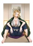  1girl armpit_peek artist_name bangs barefoot blonde_hair blouse blue_sash blue_shorts breasts cleavage cloak closed_eyes collarbone cushion easonx facial_mark feet forehead_mark green_cloak hair_intakes highres indoors large_breasts long_hair looking_at_viewer m_legs naruto naruto_(series) picture_(object) picture_frame red_nails sash shorts sitting sleeveless_blouse smile solo spread_legs toenail_polish toes tsunade white_blouse yellow_eyes 