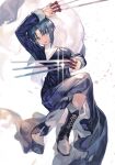  bangs black_keys_(type-moon) blue_eyes blue_hair boots breasts ciel_(tsukihime) dress habit hungry_clicker jumping medium_breasts multiple_weapons nun open_mouth parted_bangs shiny short_hair sidelocks traditional_media tsukihime weapon 