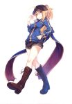 1girl absurdres ahoge artoria_pendragon_(all) bangs baozi baseball_cap blonde_hair blue_eyes blue_jacket boots breasts brown_footwear closed_mouth cross-laced_footwear eyebrows_visible_through_hair fal_maro fate/grand_order fate_(series) food from_below full_body hair_between_eyes hand_in_pocket hat highres holding holding_food jacket lace-up_boots looking_at_viewer looking_down medium_breasts mysterious_heroine_x_(fate) ponytail scan scarf shorts simple_background solo standing track_jacket walking white_background 