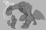  anthro bodily_fluids canid canine child drooling duo female greyscale gwen_(sharkrags) male mammal monochrome pose saliva saliva_string sharp_teeth teeth watsup were werecanid werecanine werewolf worn_clothing young 